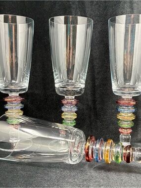 Carnival by Block Glass Water Goblets 9" Multi Color Stacked Ring Stem Set of 4
